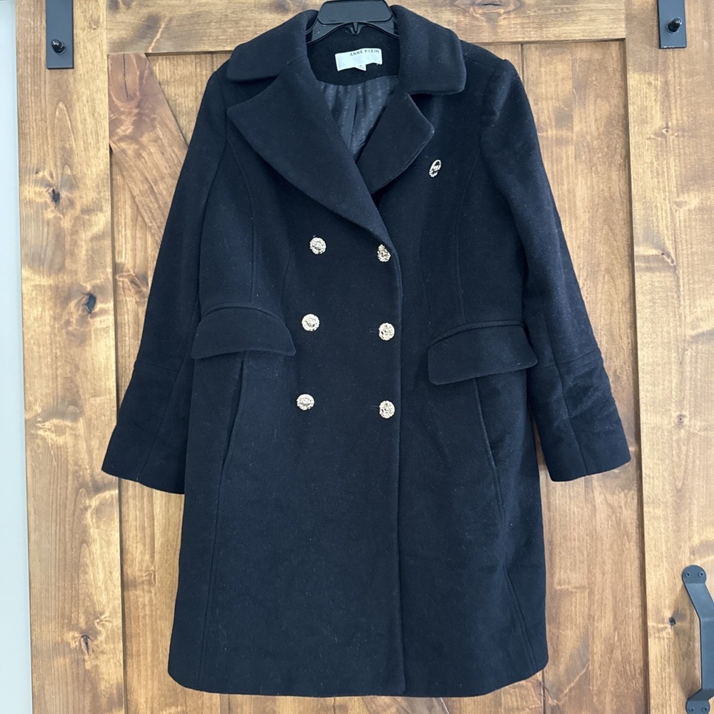 Anne Klein Pea Coat Women's 14‎ Wool Cashmere Blend Double-Breasted Black Preppy